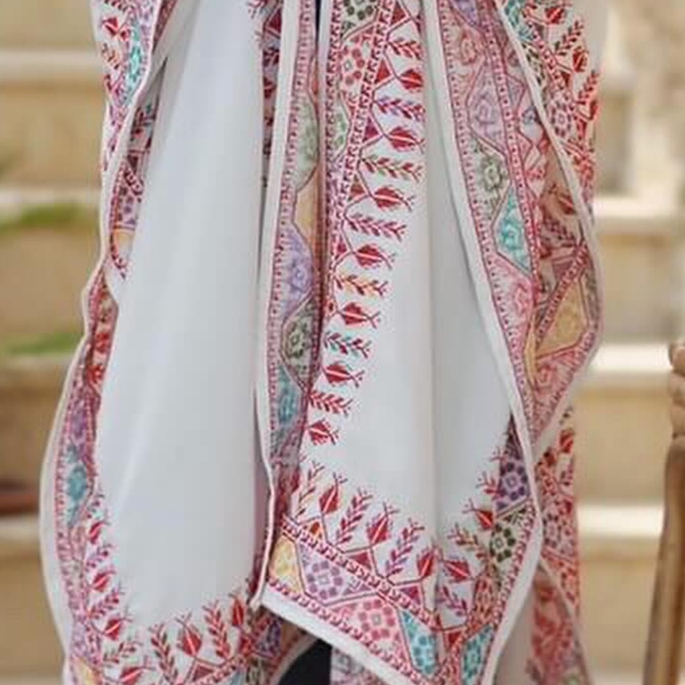 White handmade Embroidered palestinian  Shawl with Multicolor Border
